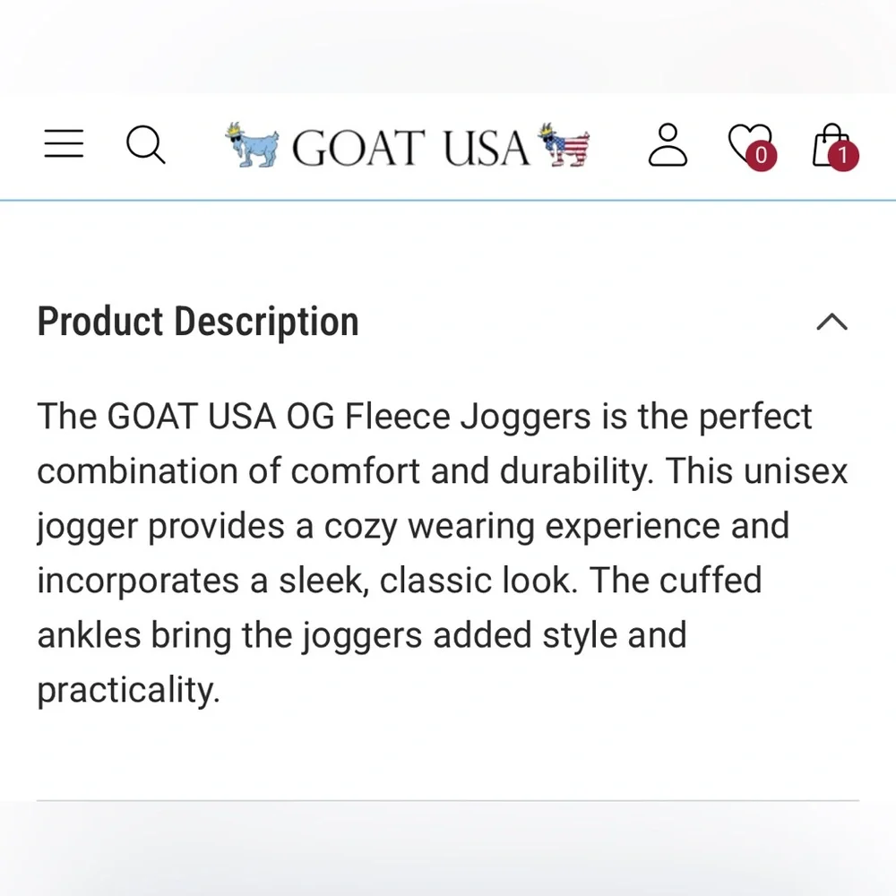 GOAT USA Kids' Black Fleece Joggers, size L, NWOT - Picture 2 of 7